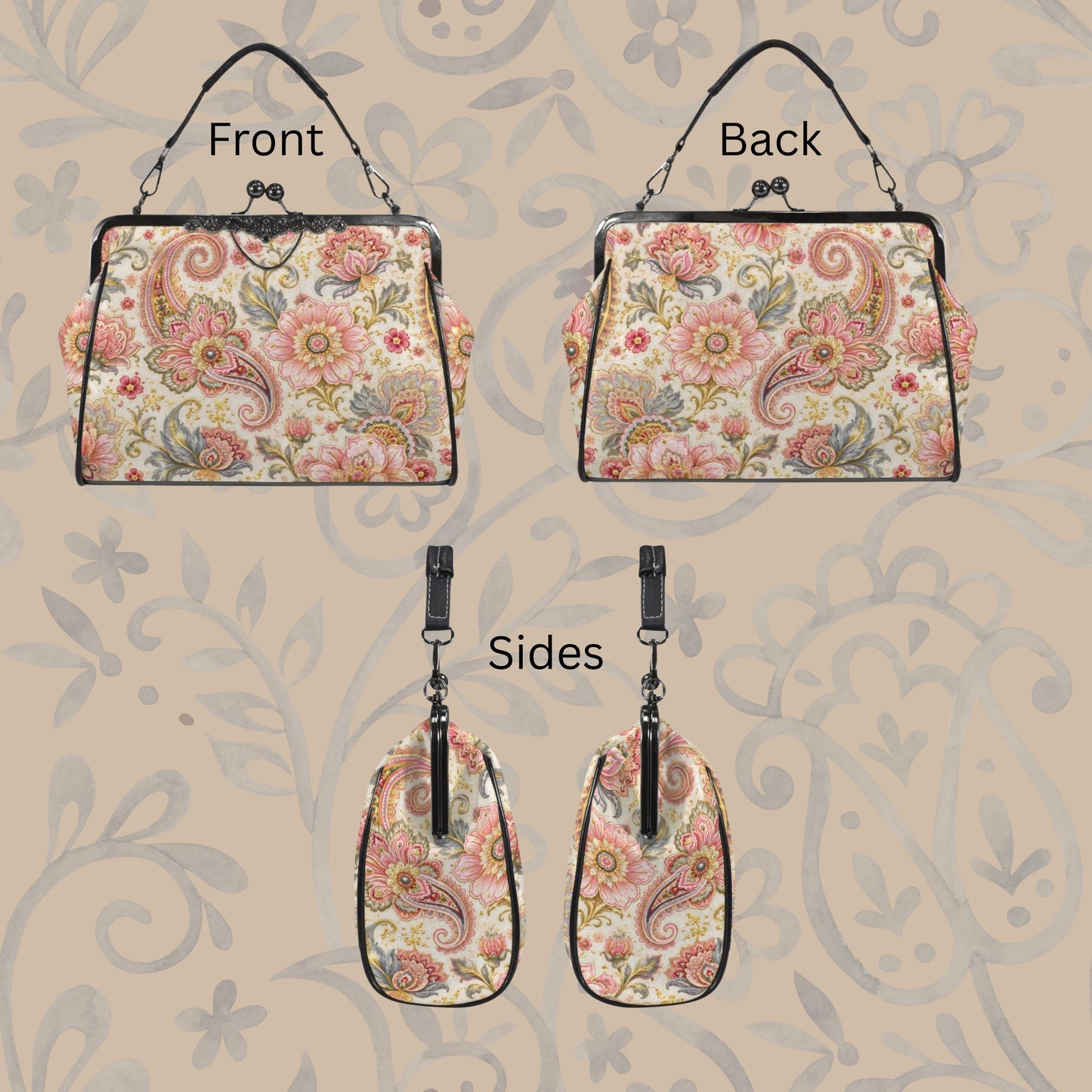 Vintage Floral Purse, Waxed PU Leather Kiss Lock Handbag with Removable Strap
