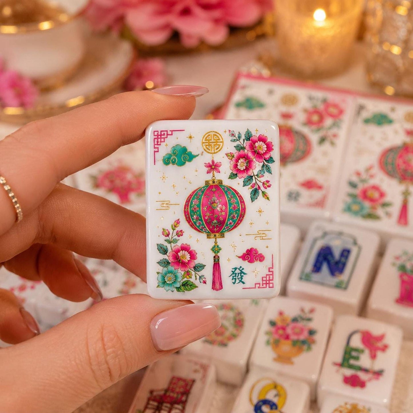 Imperial Bloom American Mahjong Set, Floral Acrylic Tiles with 160 Pieces