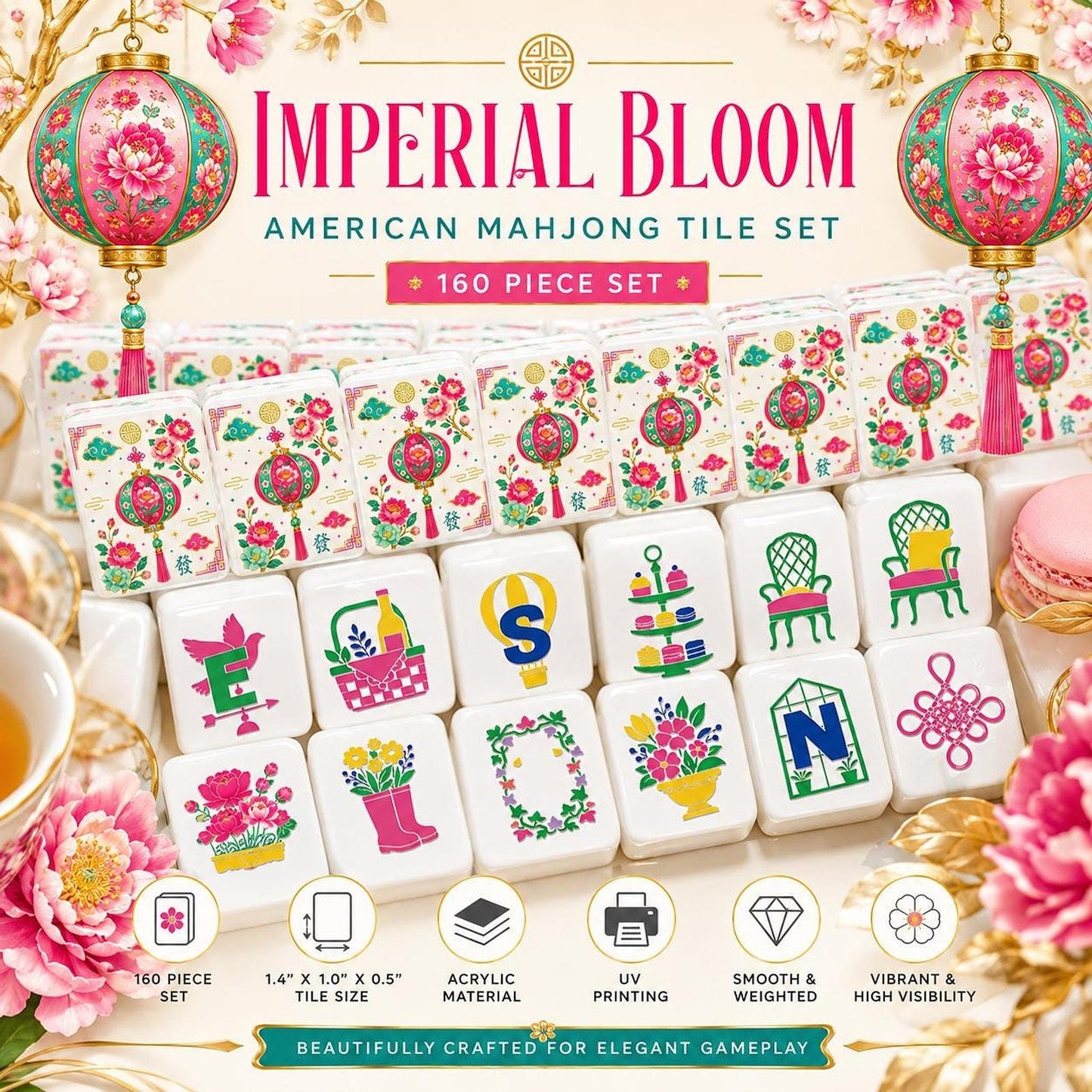 Imperial Bloom American Mahjong Set, Floral Acrylic Tiles with 160 Pieces