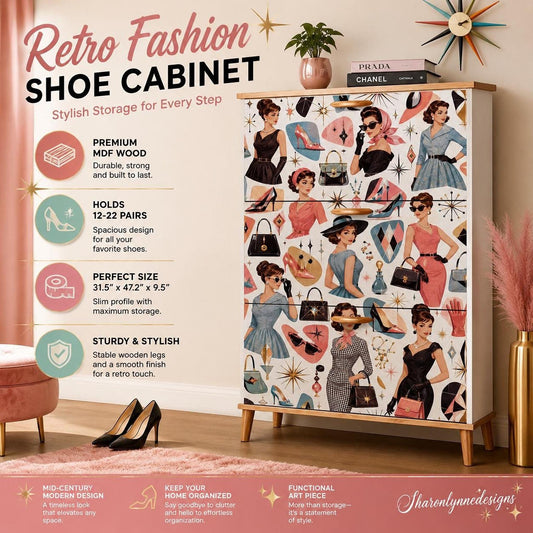 Retro Shoe Cabinet – Stylish MDF Storage Organizer with UV-Printed Artwork