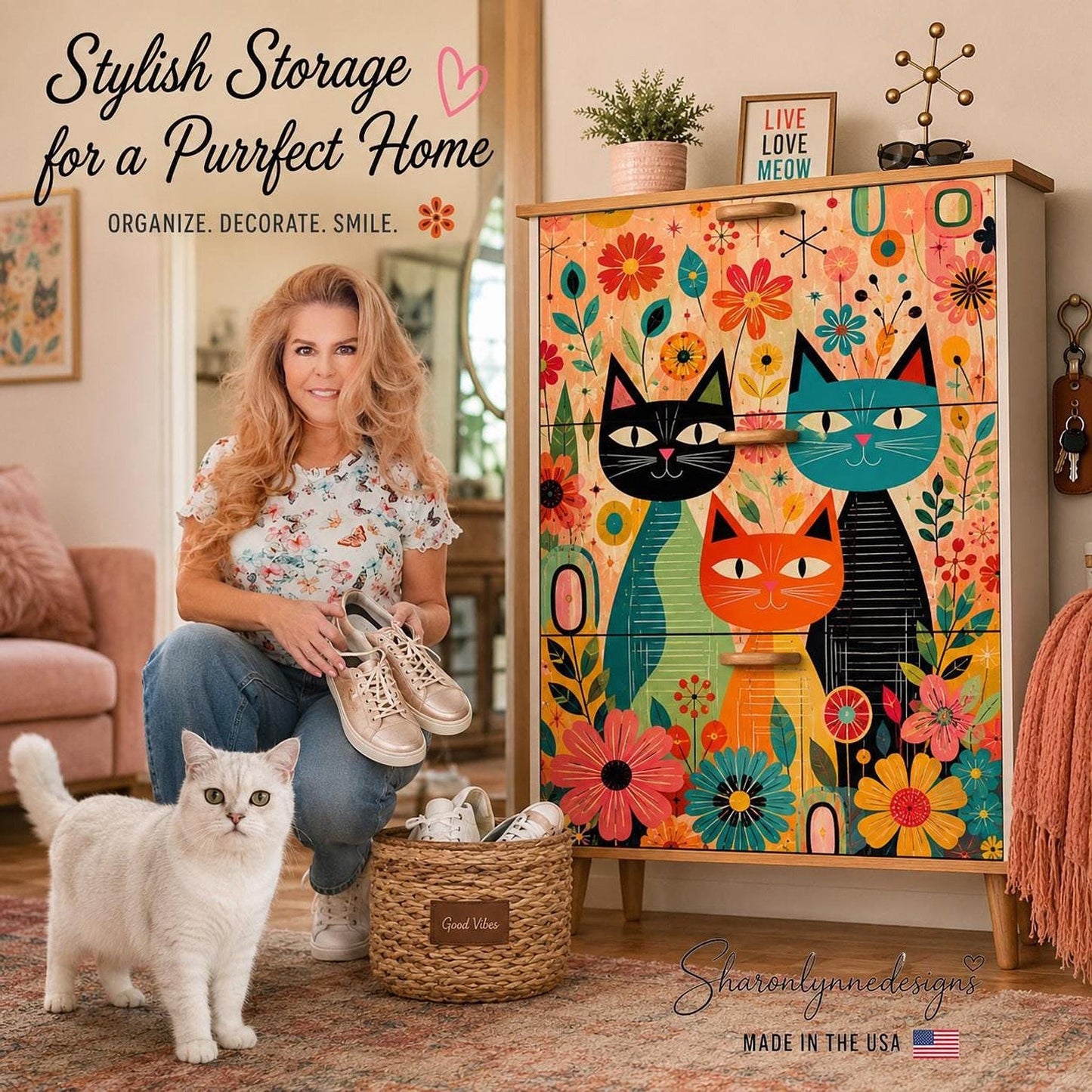 Cat Shoe Storage Cabinet with Playful Cat Motif, Made in USA