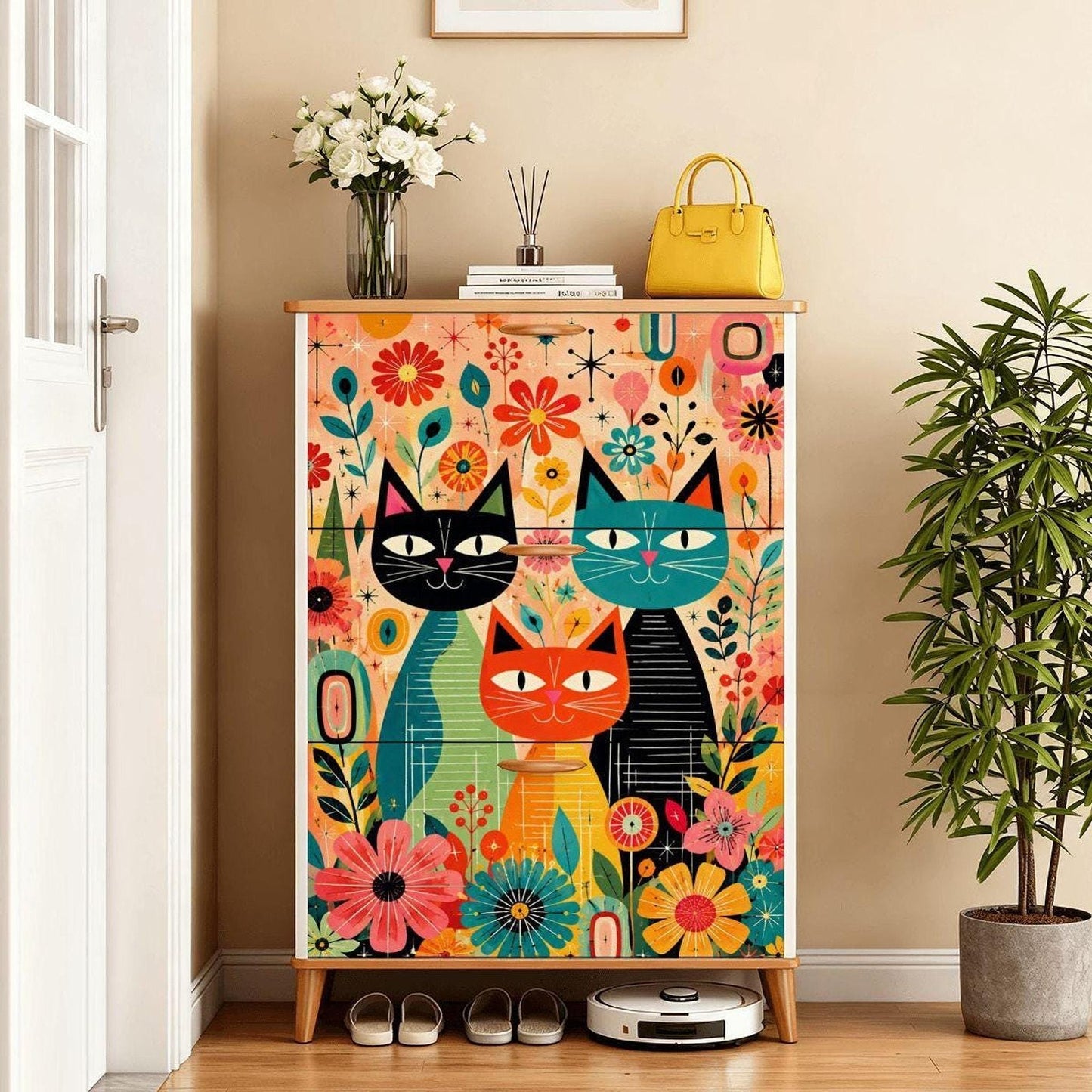 Cat Shoe Storage Cabinet with Playful Cat Motif, Made in USA