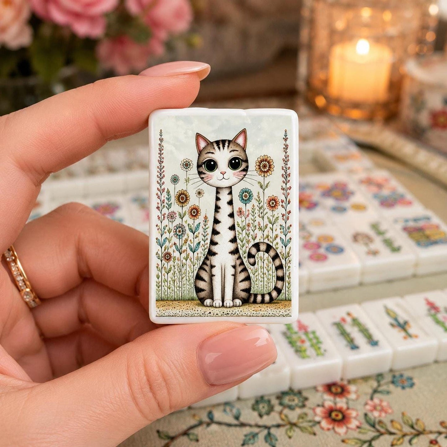 Folk Art Mahjong Set, Cat Themed Acrylic Game Tiles with Designs