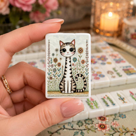Folk Art Mahjong Set, Cat Themed Acrylic Game Tiles with Designs