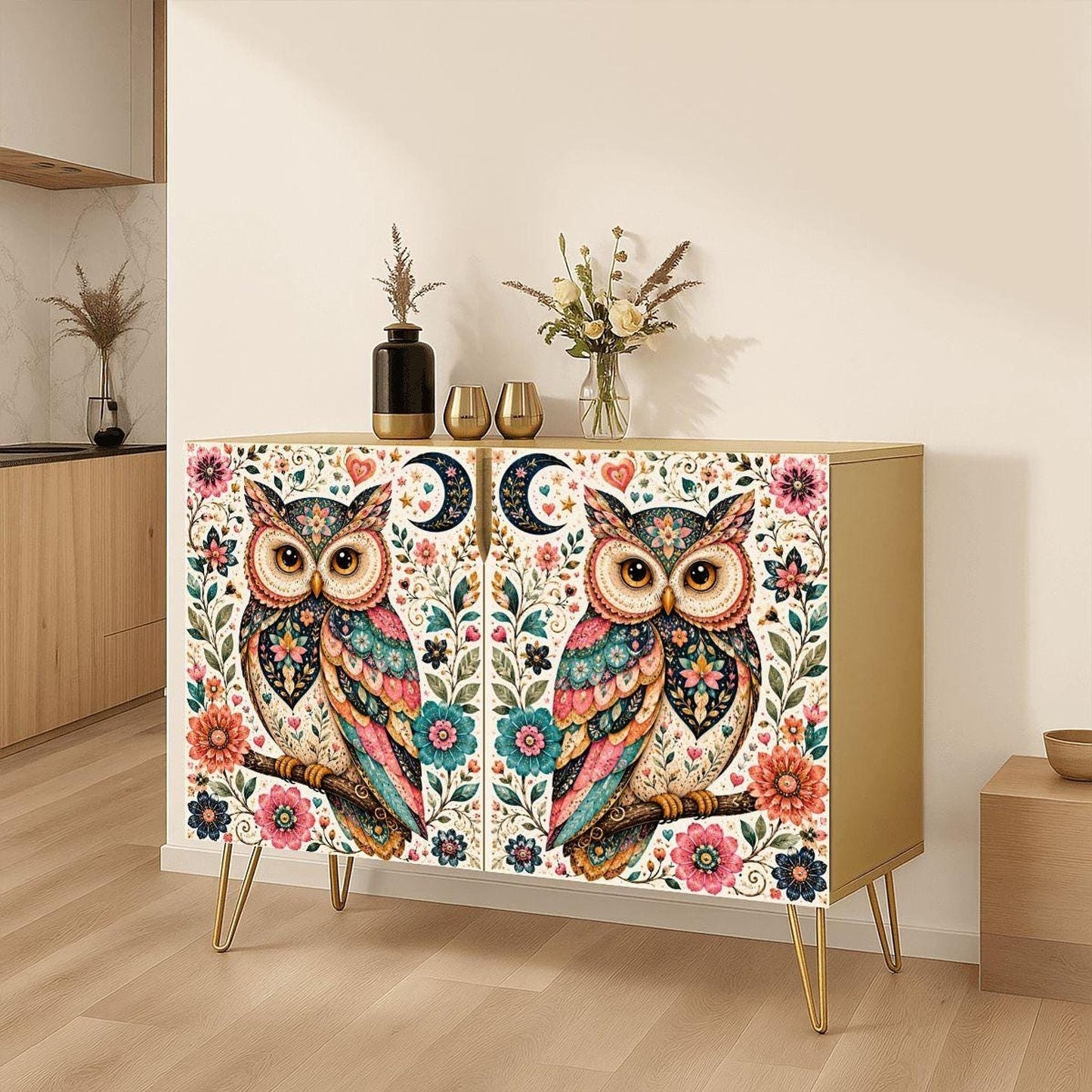 Owl Storage Cabinet with Vibrant Design and Waterproof Wood Finish