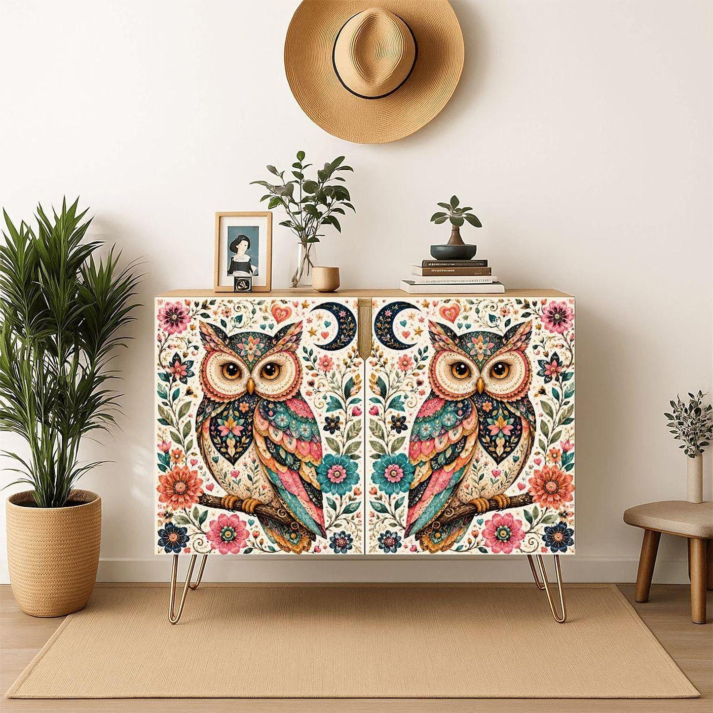 Owl Storage Cabinet with Vibrant Design and Waterproof Wood Finish