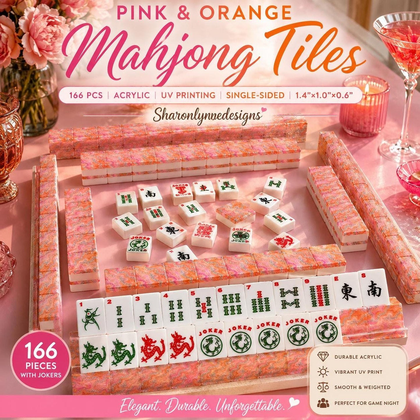 Pink & Orange Acrylic Mahjong Set, 166-Piece American Game with Marble Design