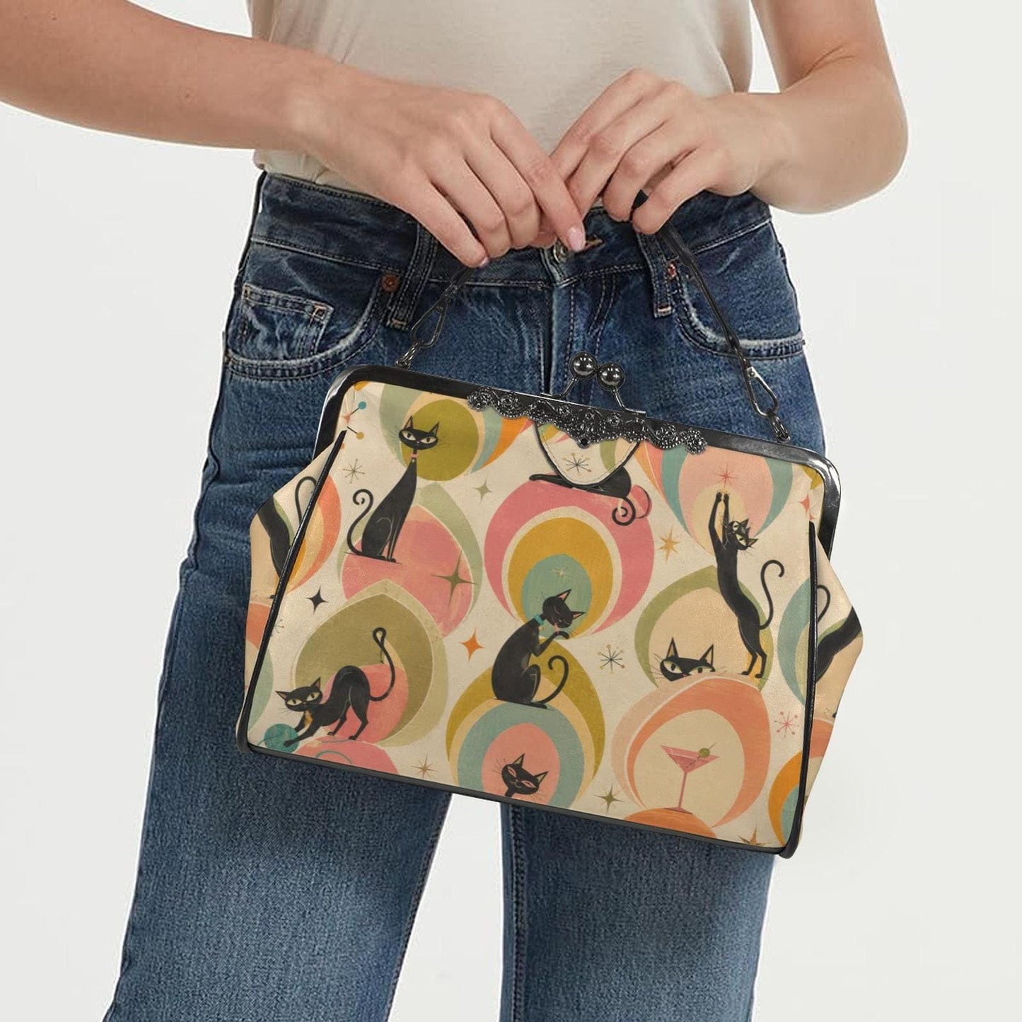 Retro Cat Purse, Vintage Kiss Lock Crossbody Bag in Waxed PU Leather