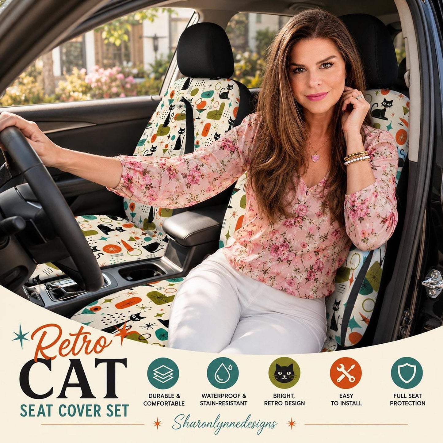 Cat Seat Covers Full Set, Retro Design with Vibrant Colors and Durable Material