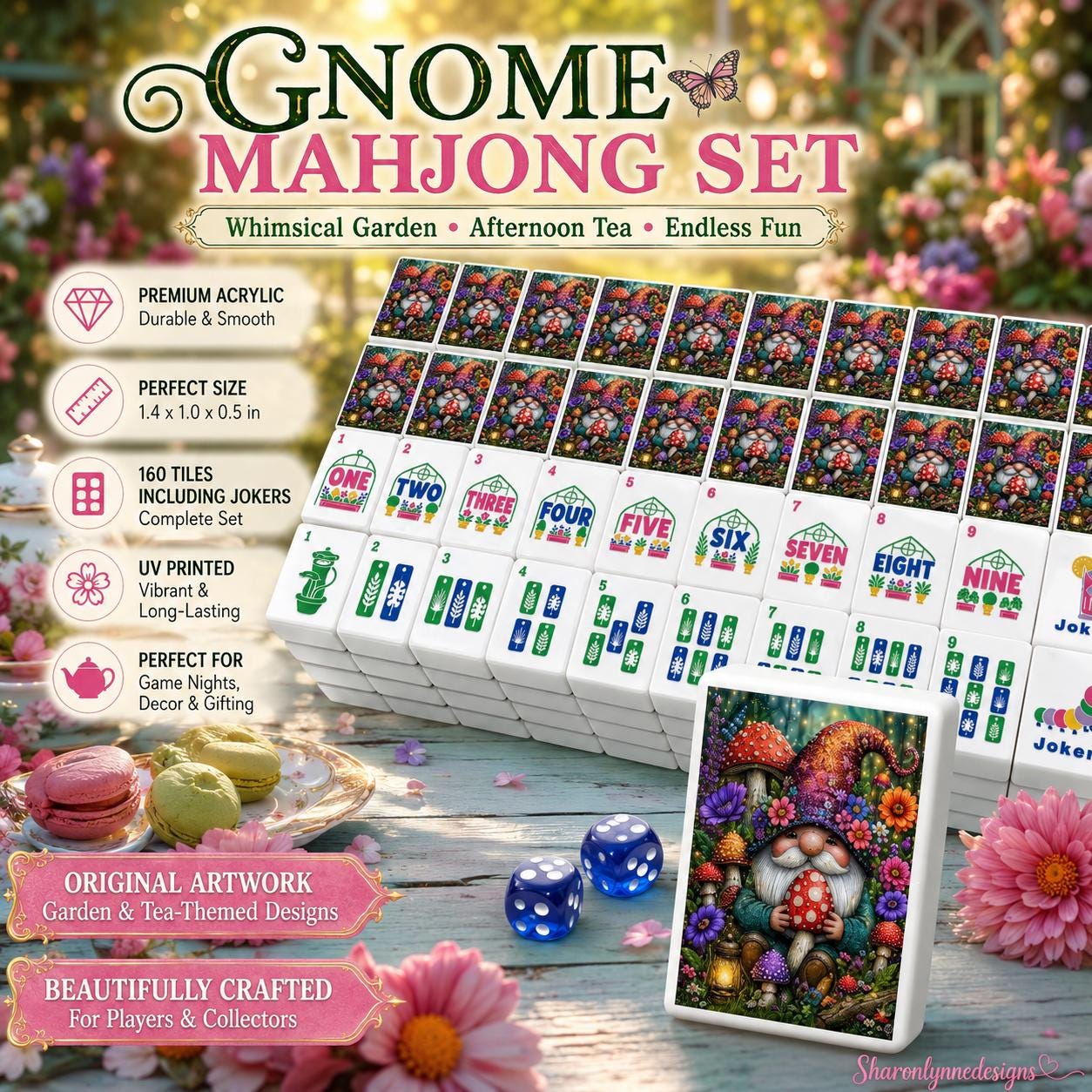 Gnome Mahjong Tiles Set | Floral Garden Style Acrylic Complete 160-Piece