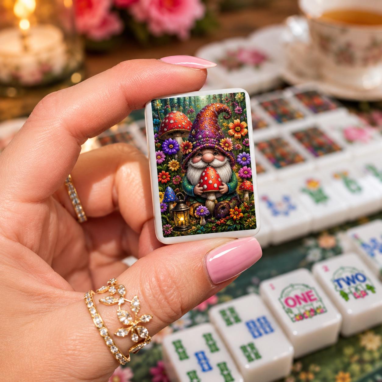 Gnome Mahjong Tiles Set | Floral Garden Style Acrylic Complete 160-Piece