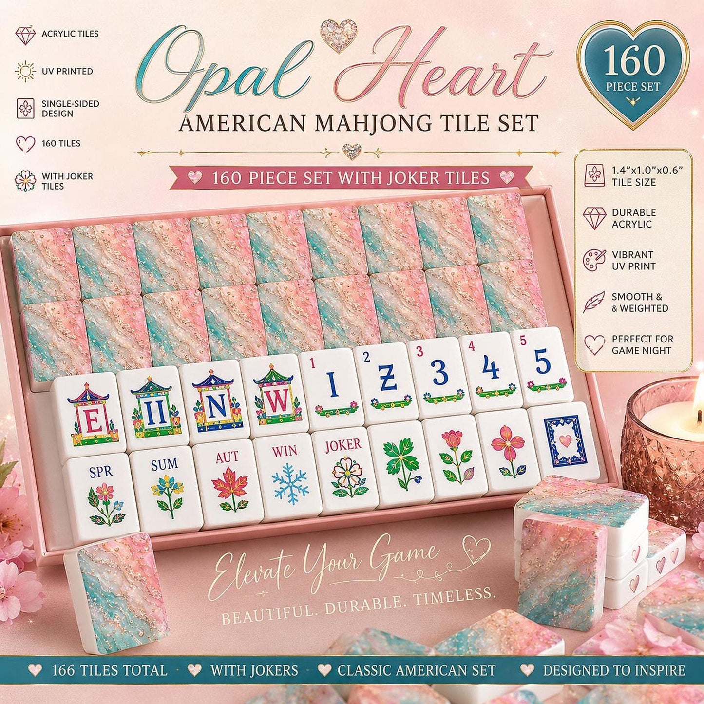 American Mahjong Set with Opal Hearts, Elegant Acrylic Tile Collection