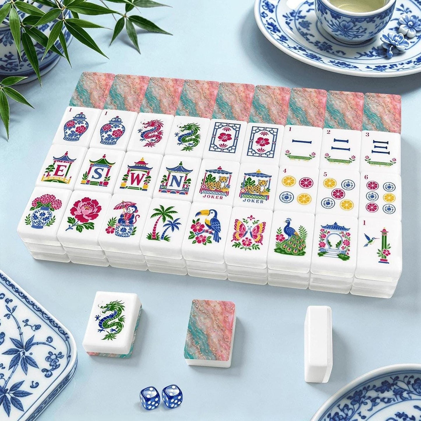 American Mahjong Set with Opal Hearts, Elegant Acrylic Tile Collection