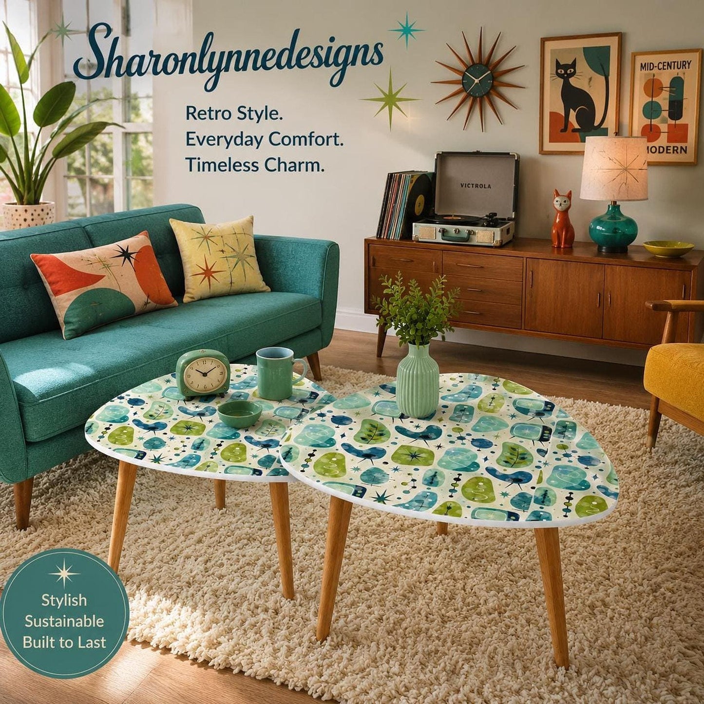 Blue Retro Coffee Table Set of 2, Eco-Friendly Triangle Design with Bamboo Legs