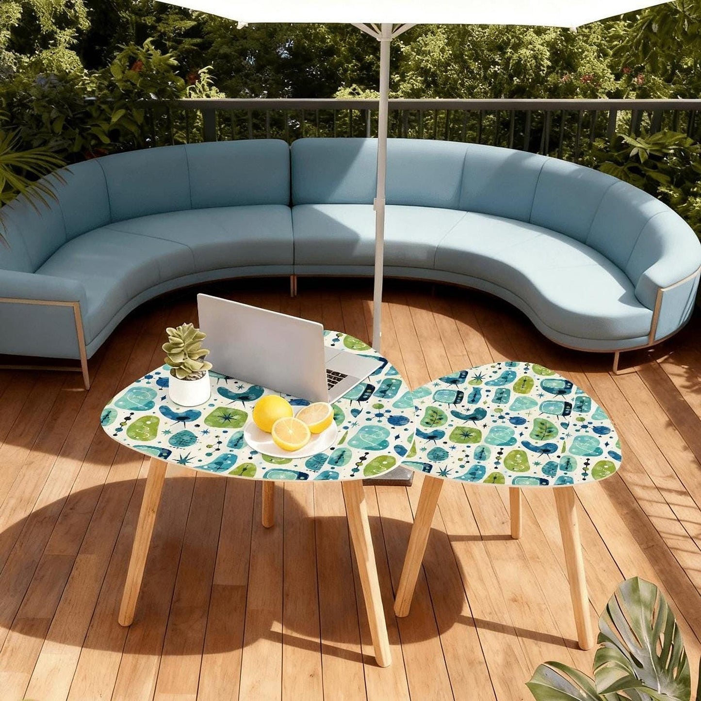 Blue Retro Coffee Table Set of 2, Eco-Friendly Triangle Design with Bamboo Legs