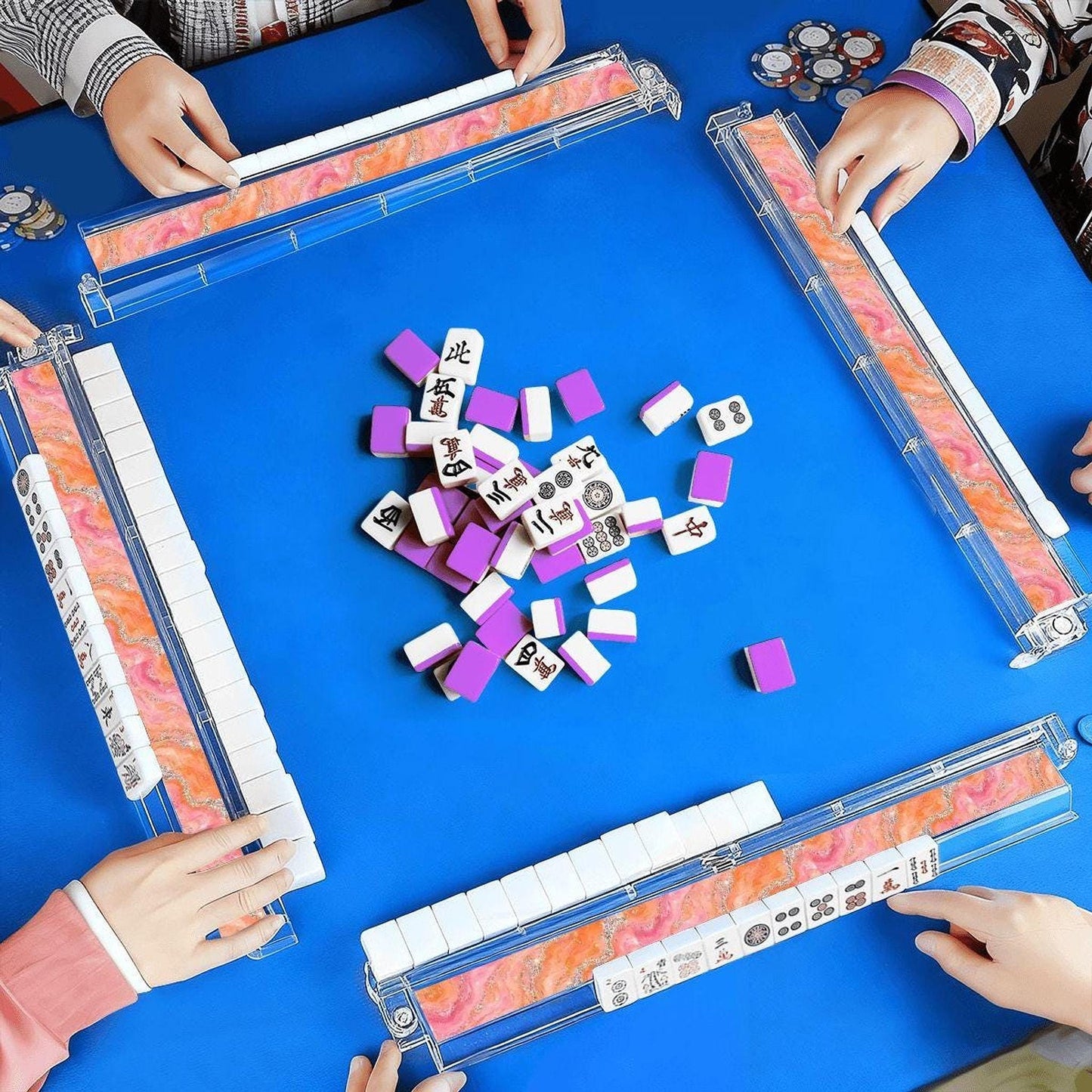 Mahjong Tile Rack Set, Pink & Orange Acrylic Pusher with Card Holder