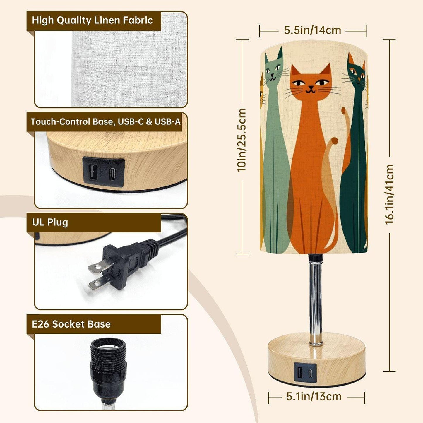 Cat Touch Lamp with USB Charging Port, Vintage-Inspired Design for Nightstand