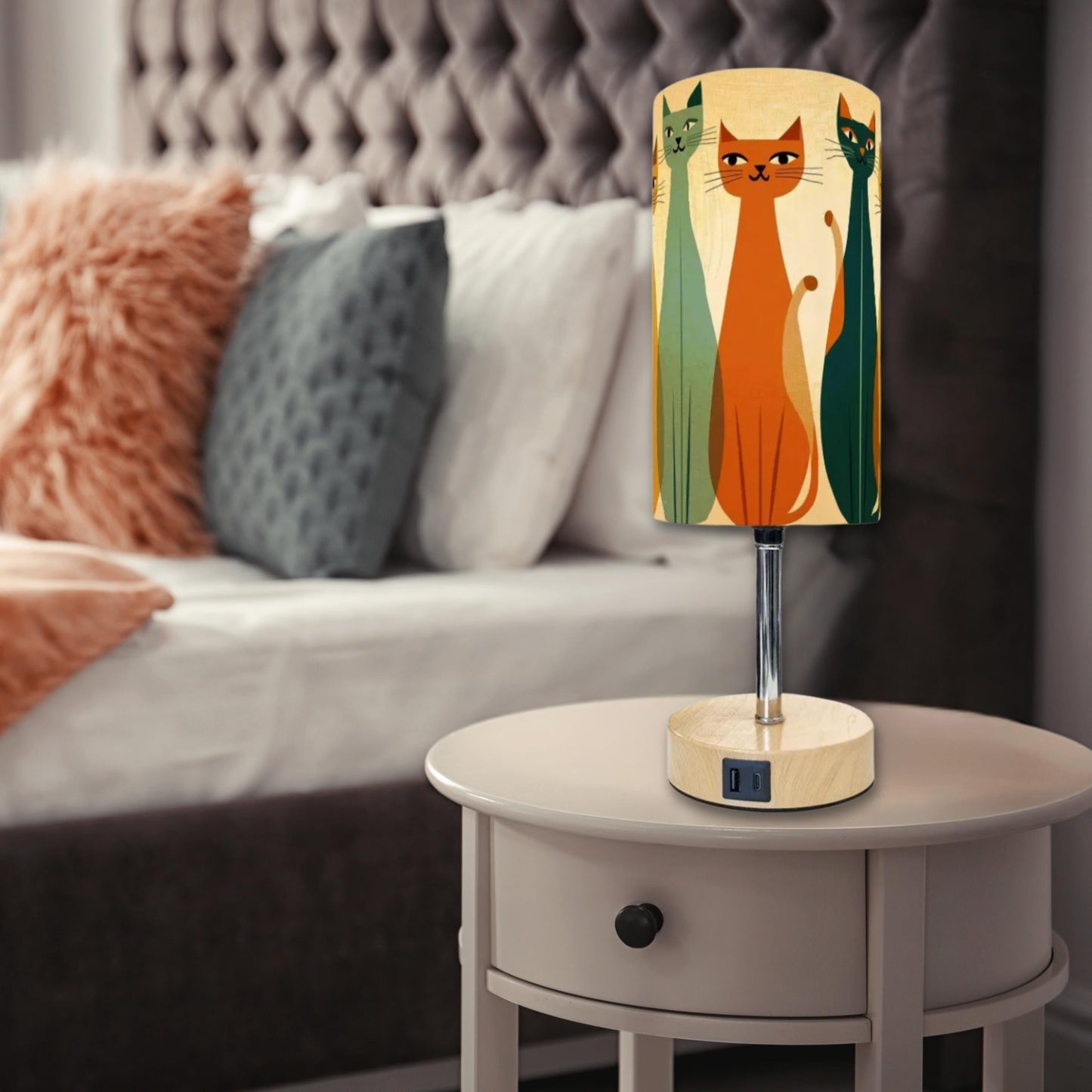 Cat Touch Lamp with USB Charging Port, Vintage-Inspired Design for Nightstand