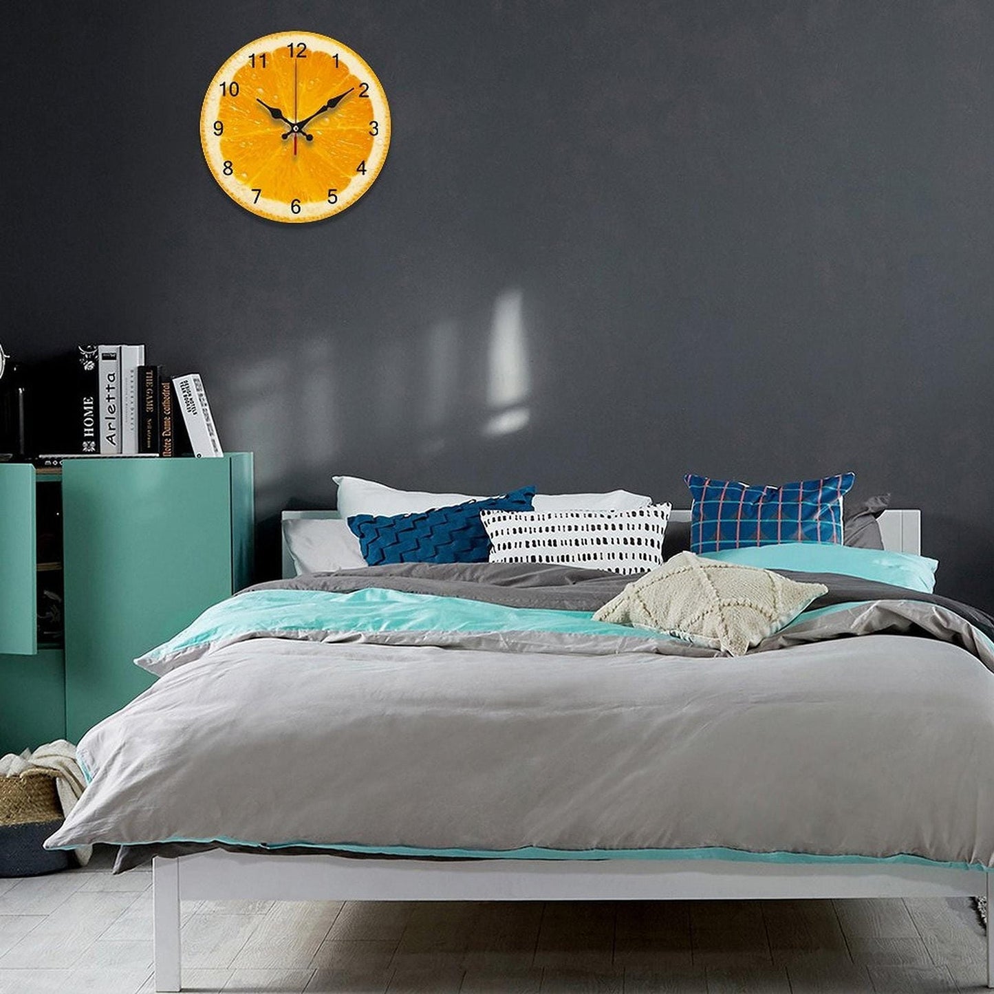 Orange Wall Clock, Retro Wooden Kitchen Decor with UV Print Design