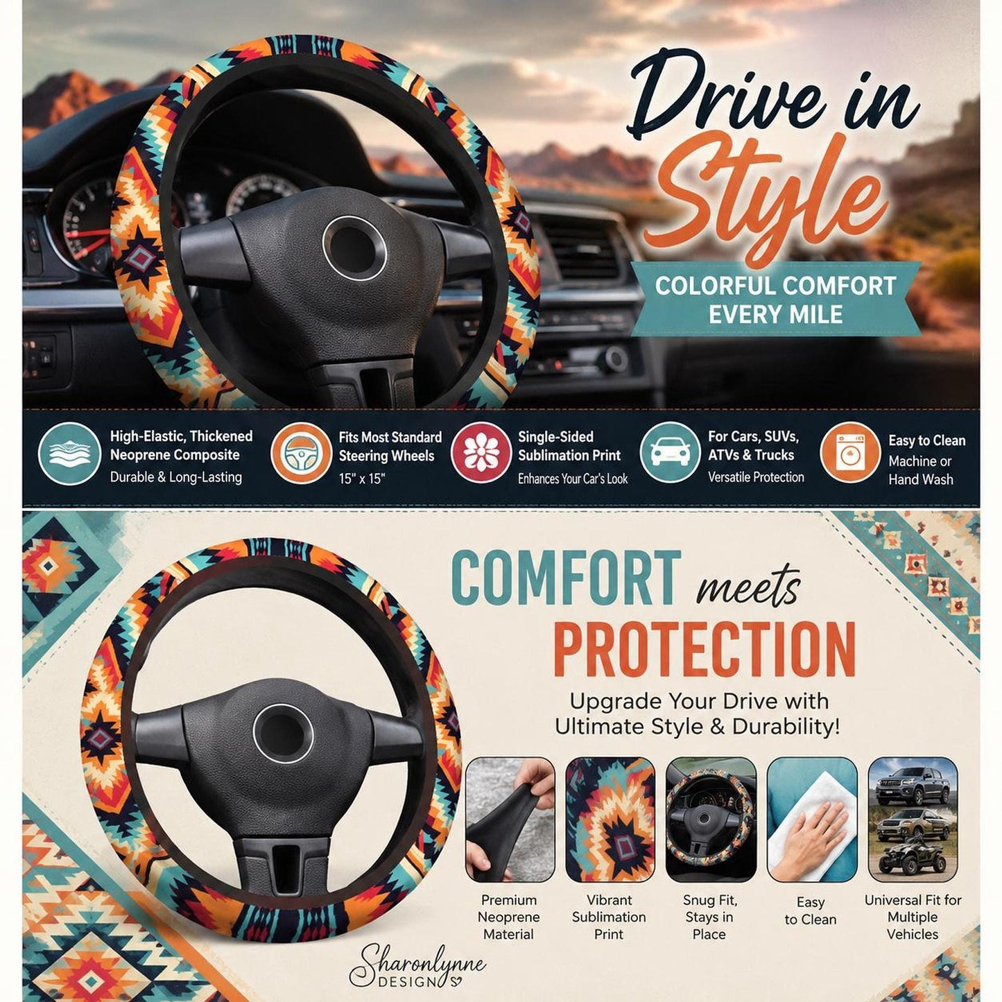 Aztec Steering Cover, Durable Neoprene Wheel Protector with Tribal Design