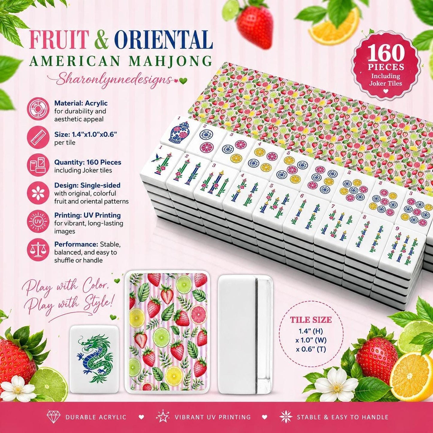 Fruit Mahjong Set, Acrylic Tiles with Colorful Designs in Traditional Style