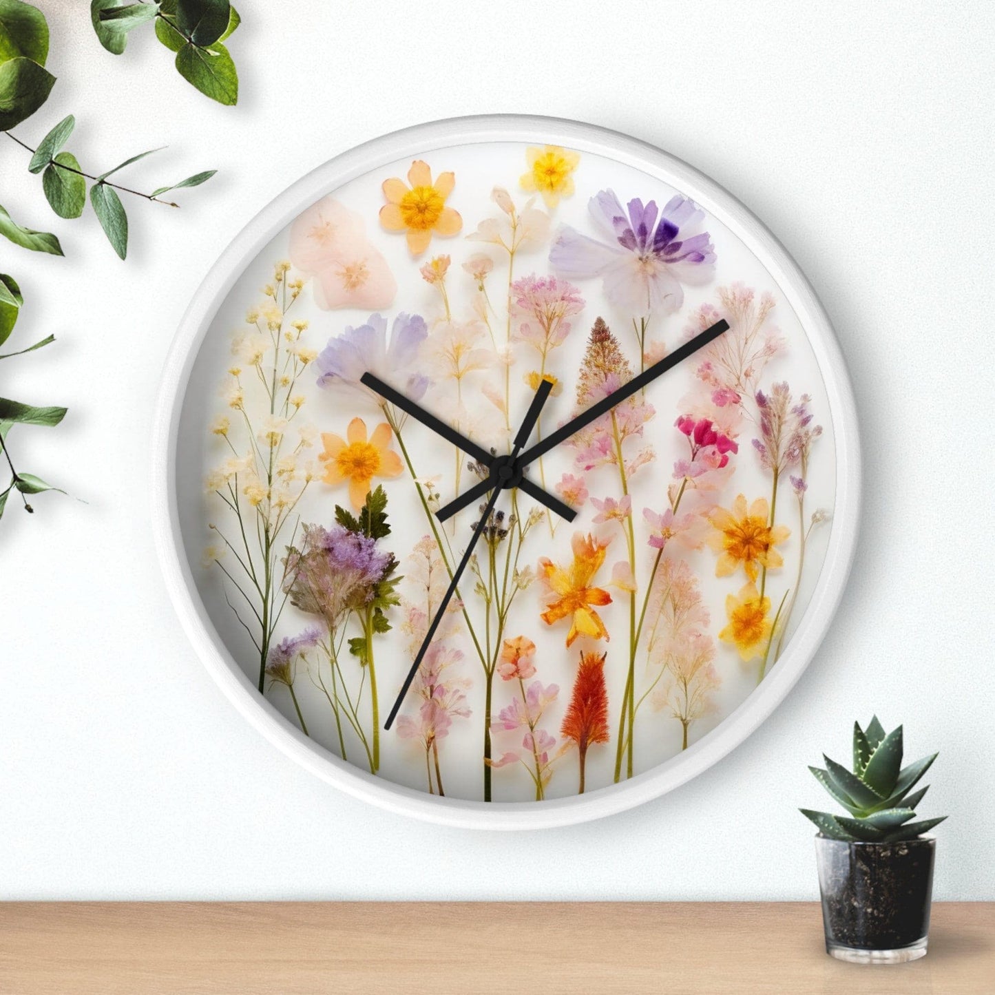 Flower Wall Clock with Floral Print, Elegant Home Decor Timepiece