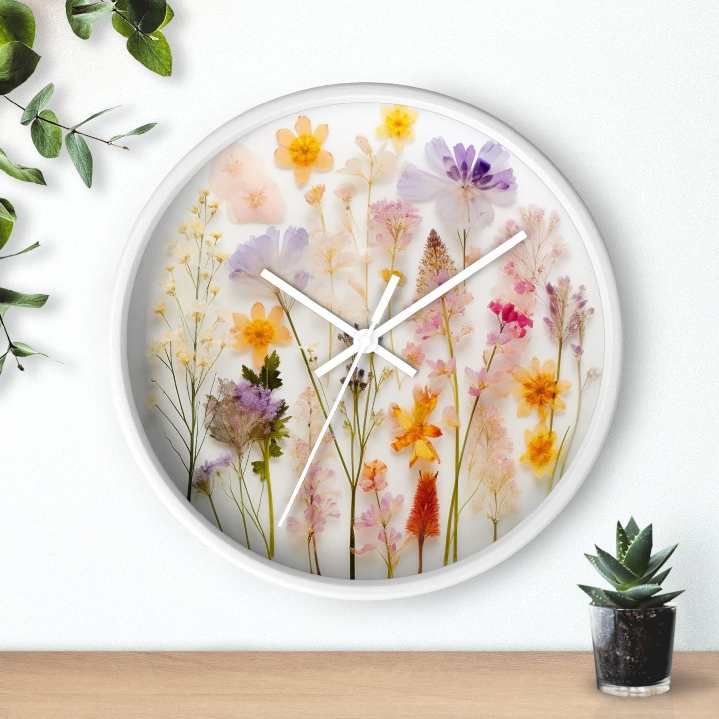 Flower Wall Clock with Floral Print, Elegant Home Decor Timepiece