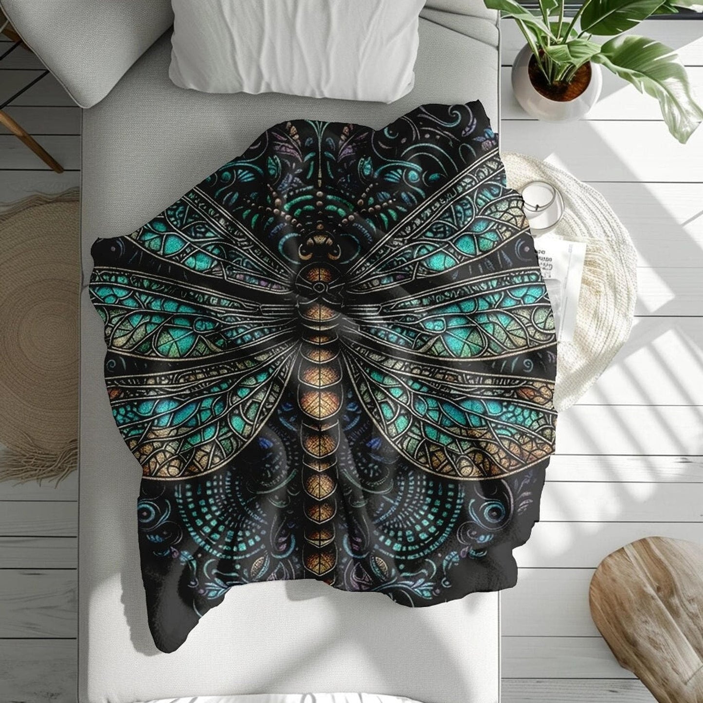 Dragonfly Throw Blanket, Plush Sherpa in Beige & Black for Cozy Decor