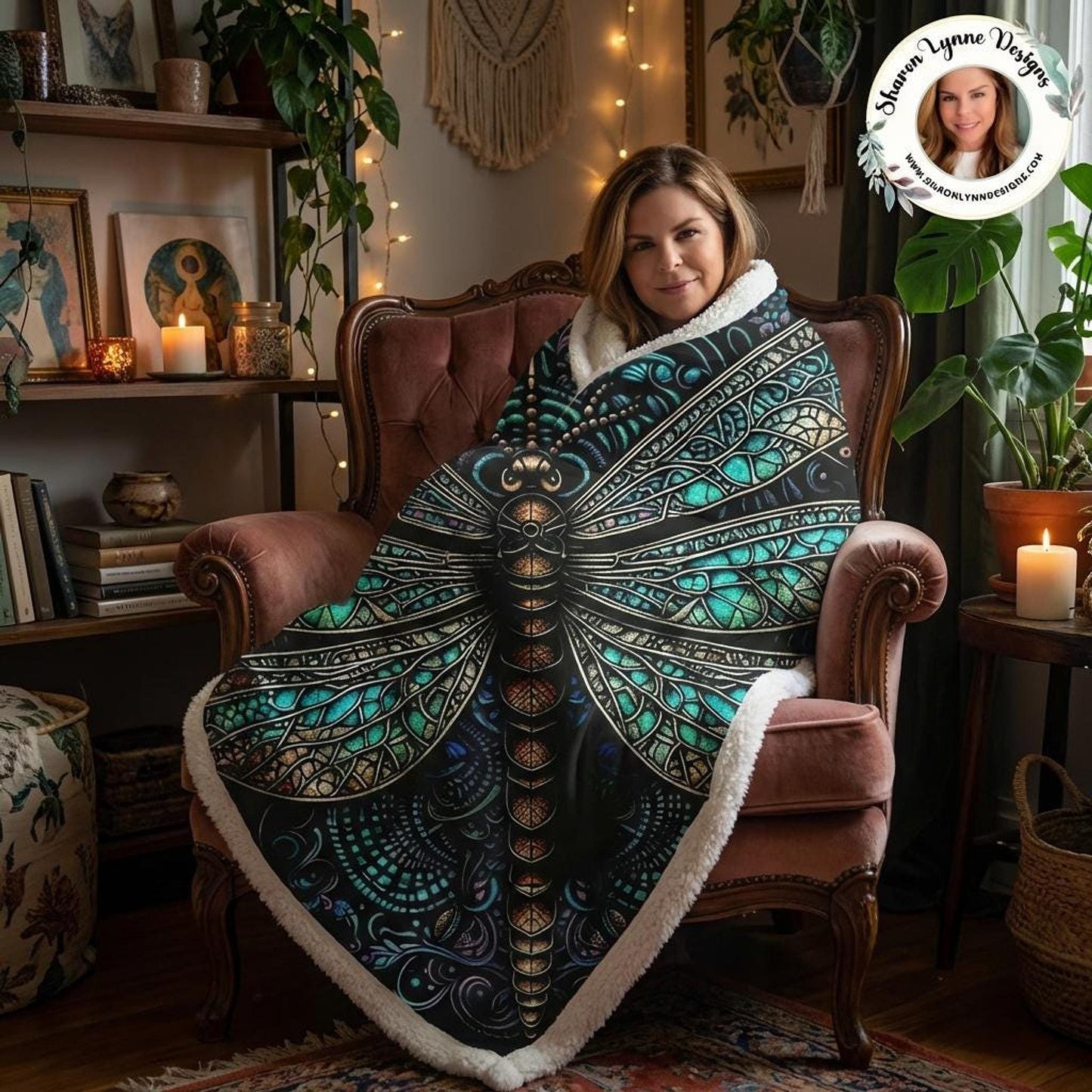 Dragonfly Throw Blanket, Plush Sherpa in Beige & Black for Cozy Decor