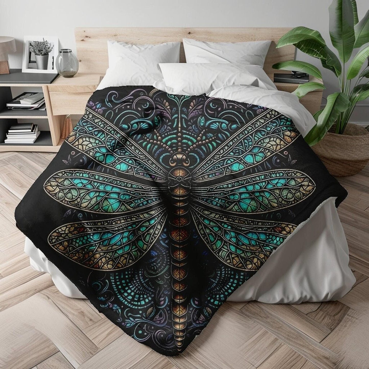 Dragonfly Throw Blanket, Plush Sherpa in Beige & Black for Cozy Decor