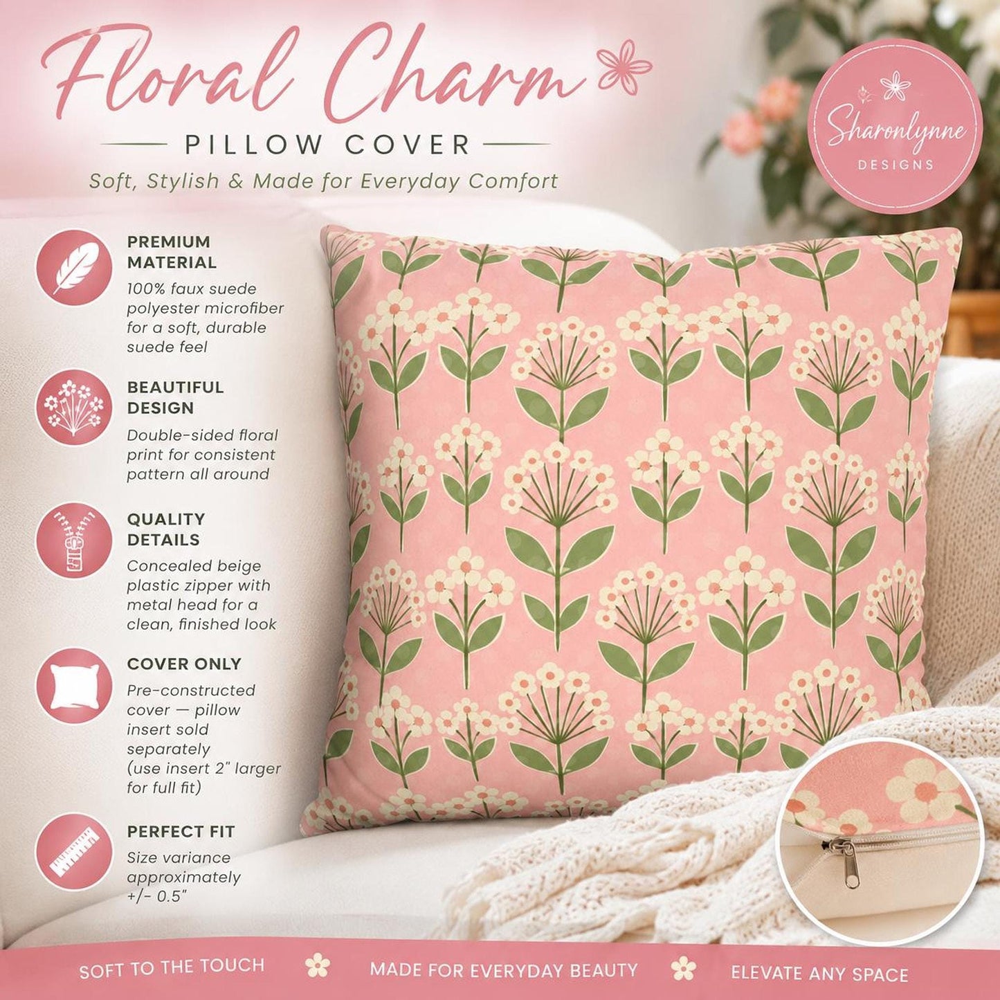 Pink Floral Pillow Cover, Double-Sided Accent with Design
