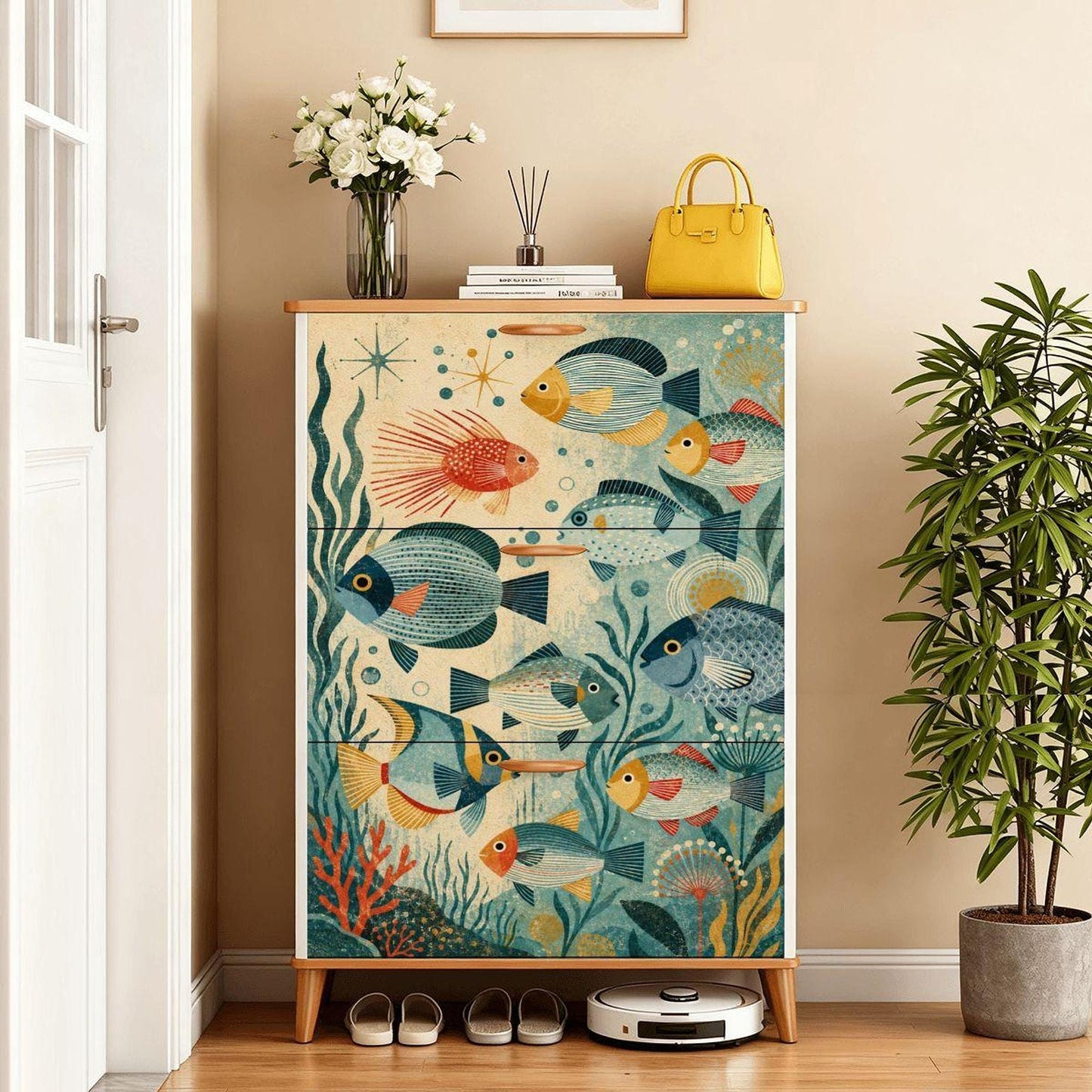 Retro Shoe Cabinet with Ocean Scene, Nautical Storage for Up to 22 Pairs