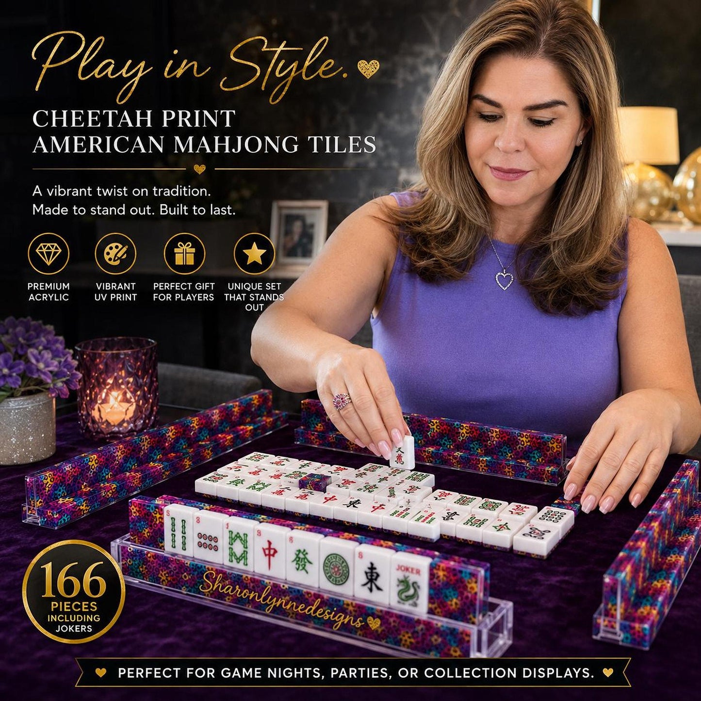 Cheetah Mahjong Set, Colorful Acrylic Tiles with Jokers for Gameplay
