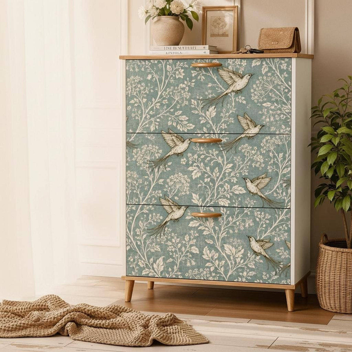 Vintage Shoe Cabinet with Blue Bird Design, Made in USA