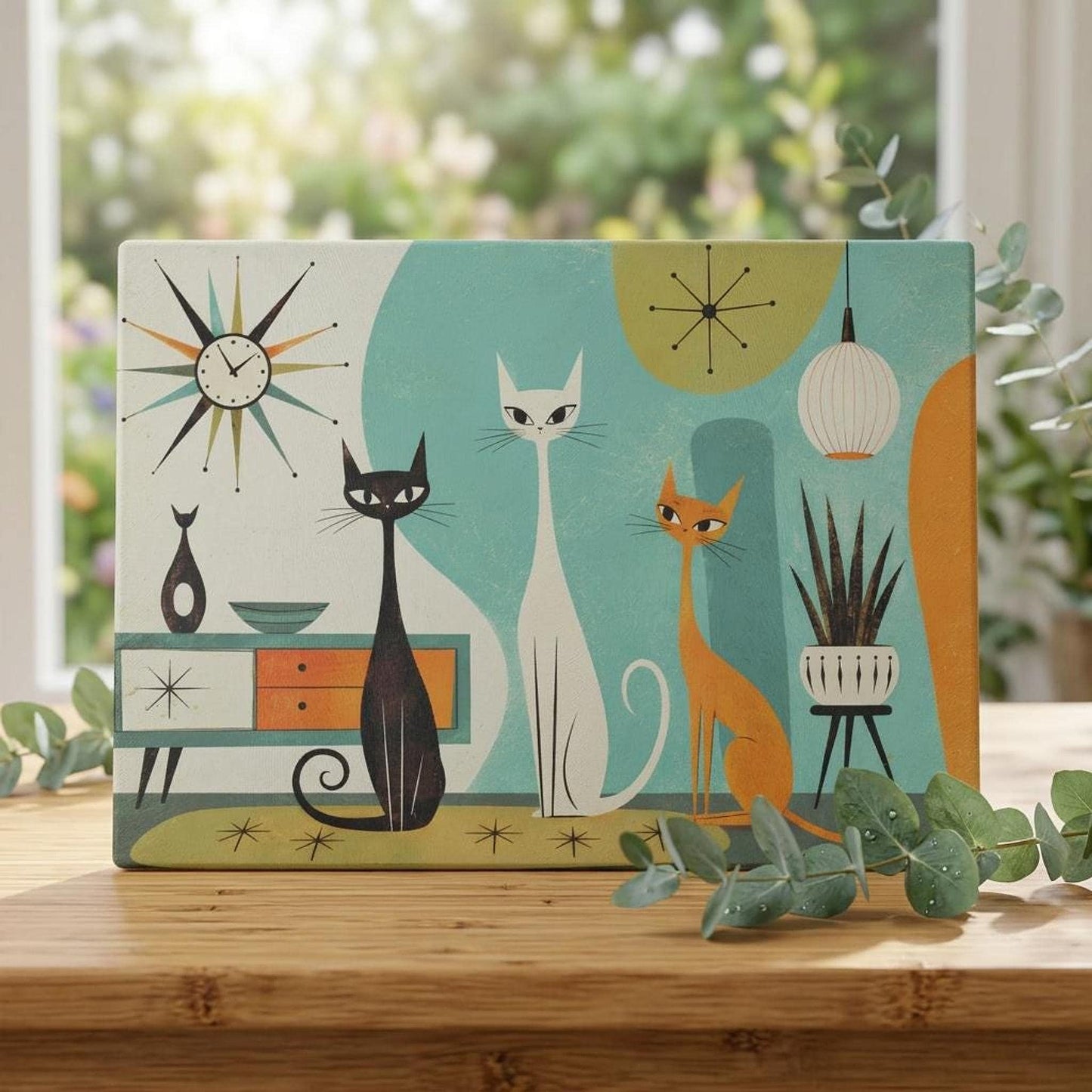 Mid Century Modern Glass Cutting Board with Playful Cat Design