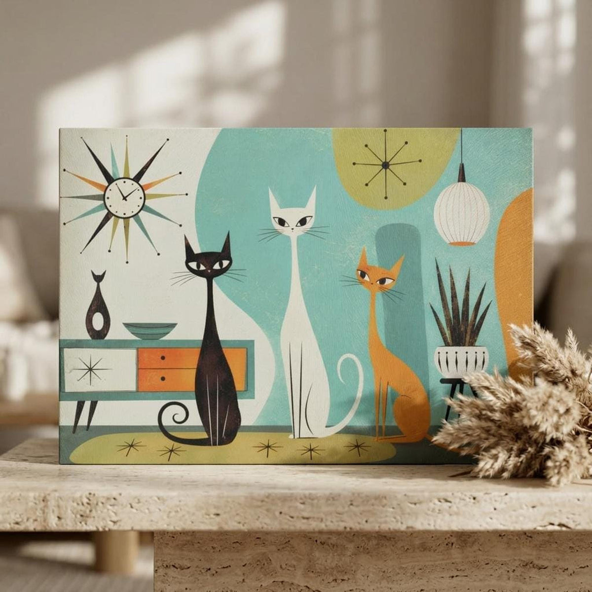 Mid Century Modern Glass Cutting Board with Playful Cat Design