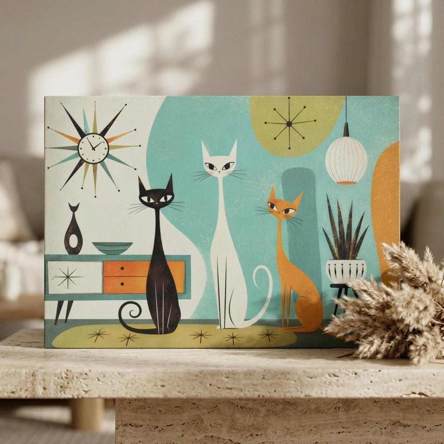 Mid Century Modern Glass Cutting Board with Playful Cat Design