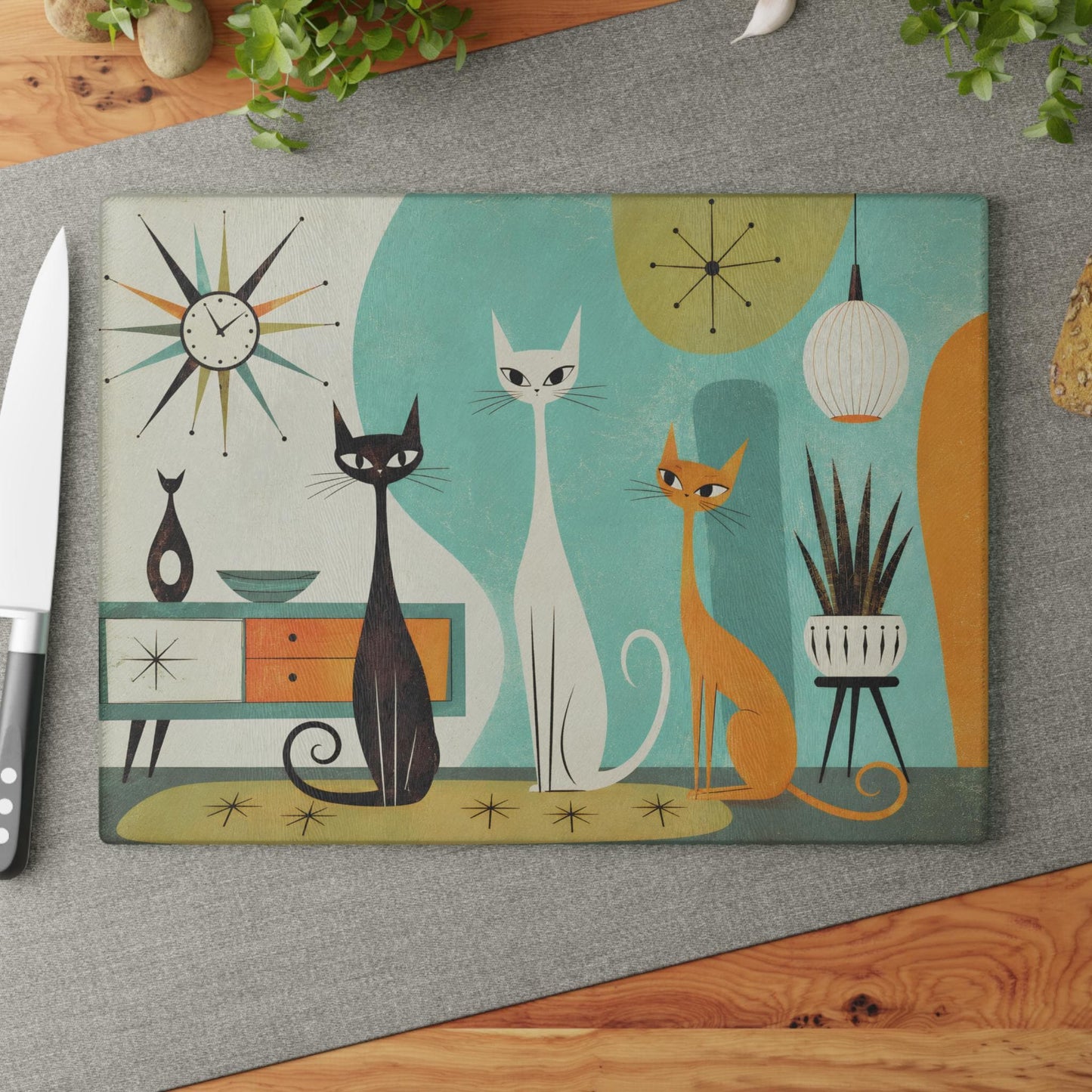 Mid Century Modern Glass Cutting Board with Playful Cat Design