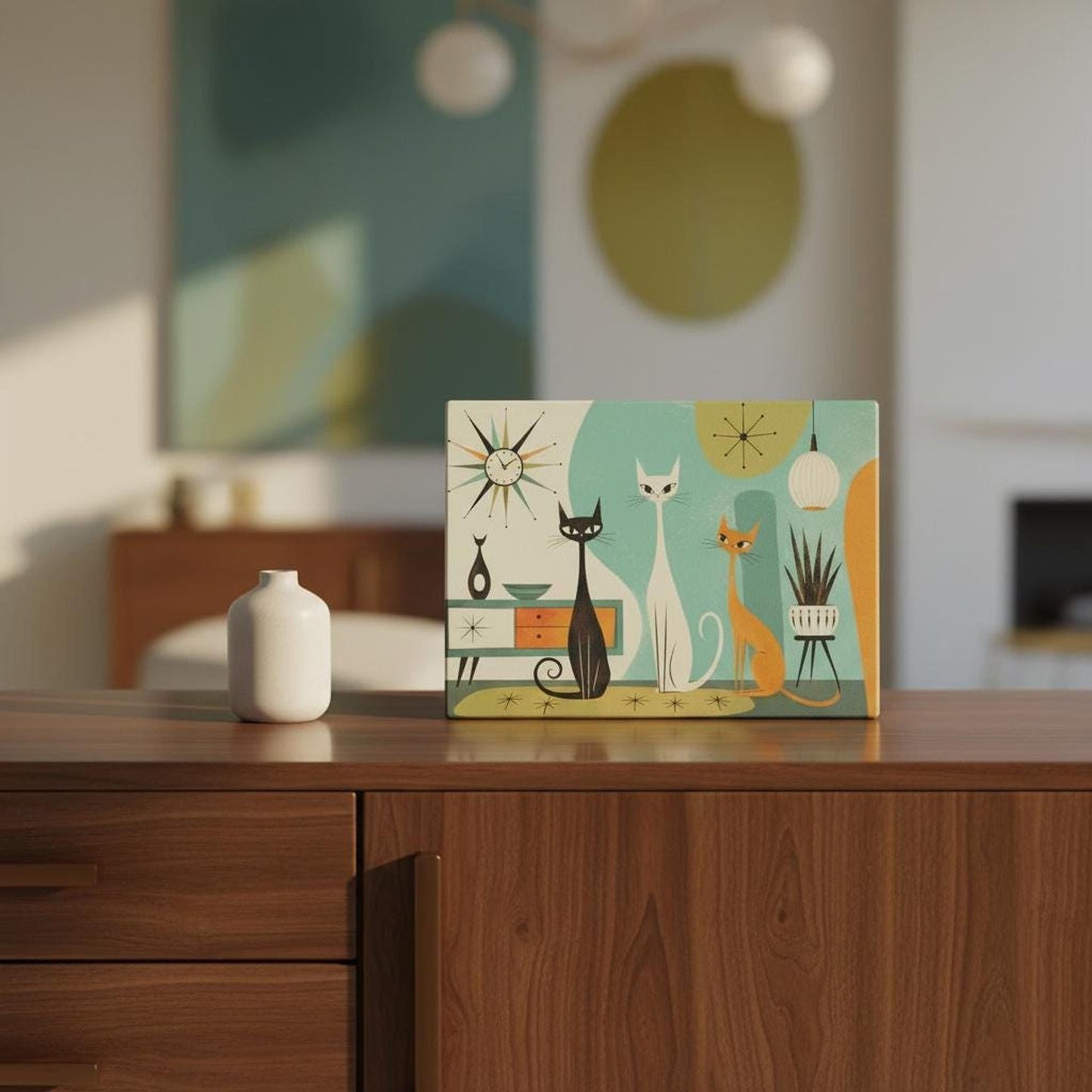 Mid Century Modern Glass Cutting Board with Playful Cat Design