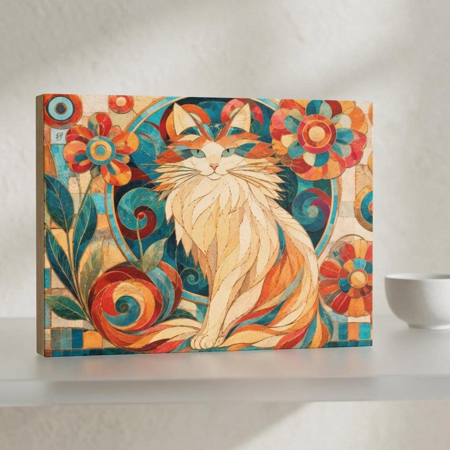 Whimsical Floral Cutting Board with Colorful Cat Design, Tempered Glass Kitchen Art