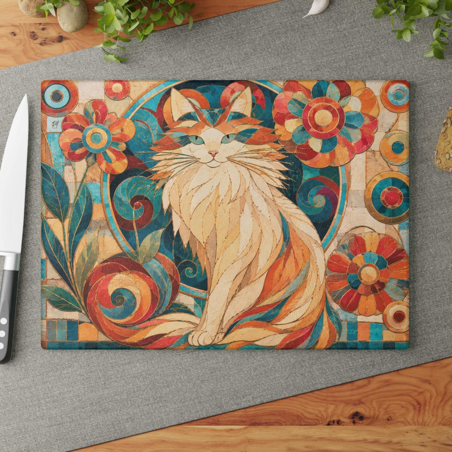 Whimsical Floral Cutting Board with Colorful Cat Design, Tempered Glass Kitchen Art