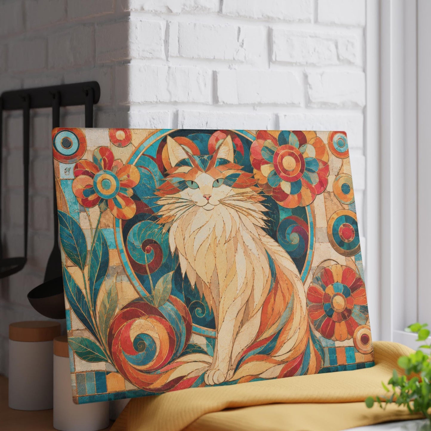 Whimsical Floral Cutting Board with Colorful Cat Design, Tempered Glass Kitchen Art