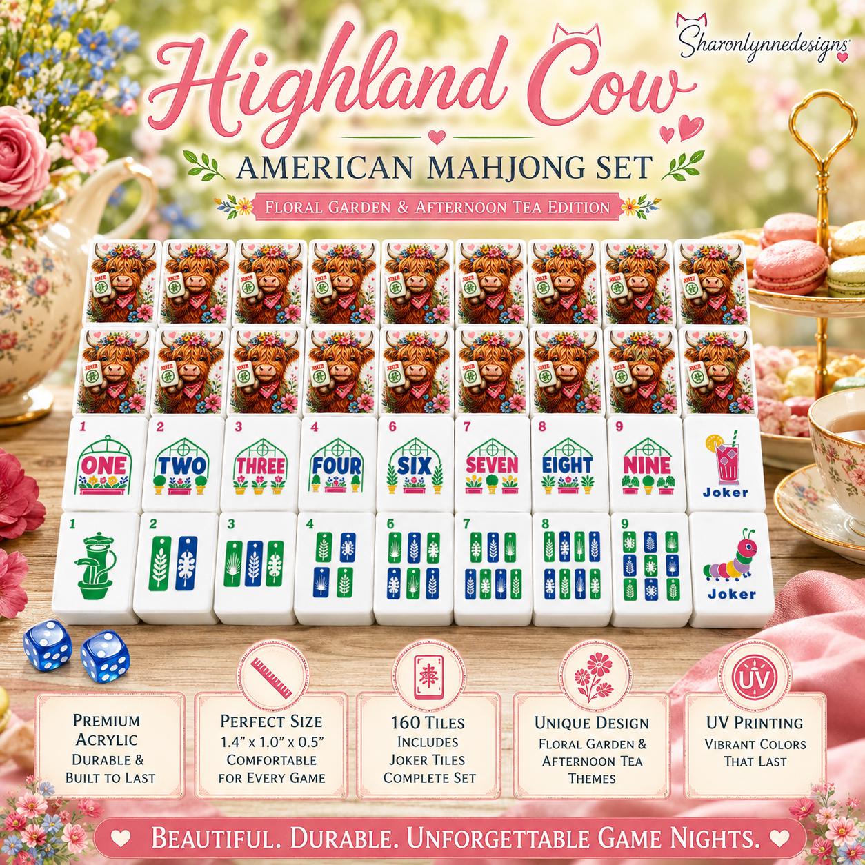 Highland Cow Mahjong Tiles Set, Floral Garden Style, Acrylic Game Pieces with Joker Tiles