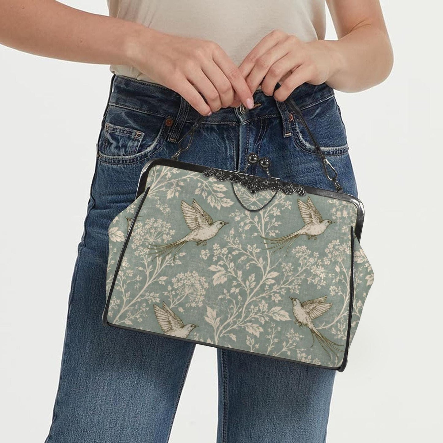 Kiss Lock Purse, Blue Bird Crossbody Bag in Vintage Waxed PU Leather