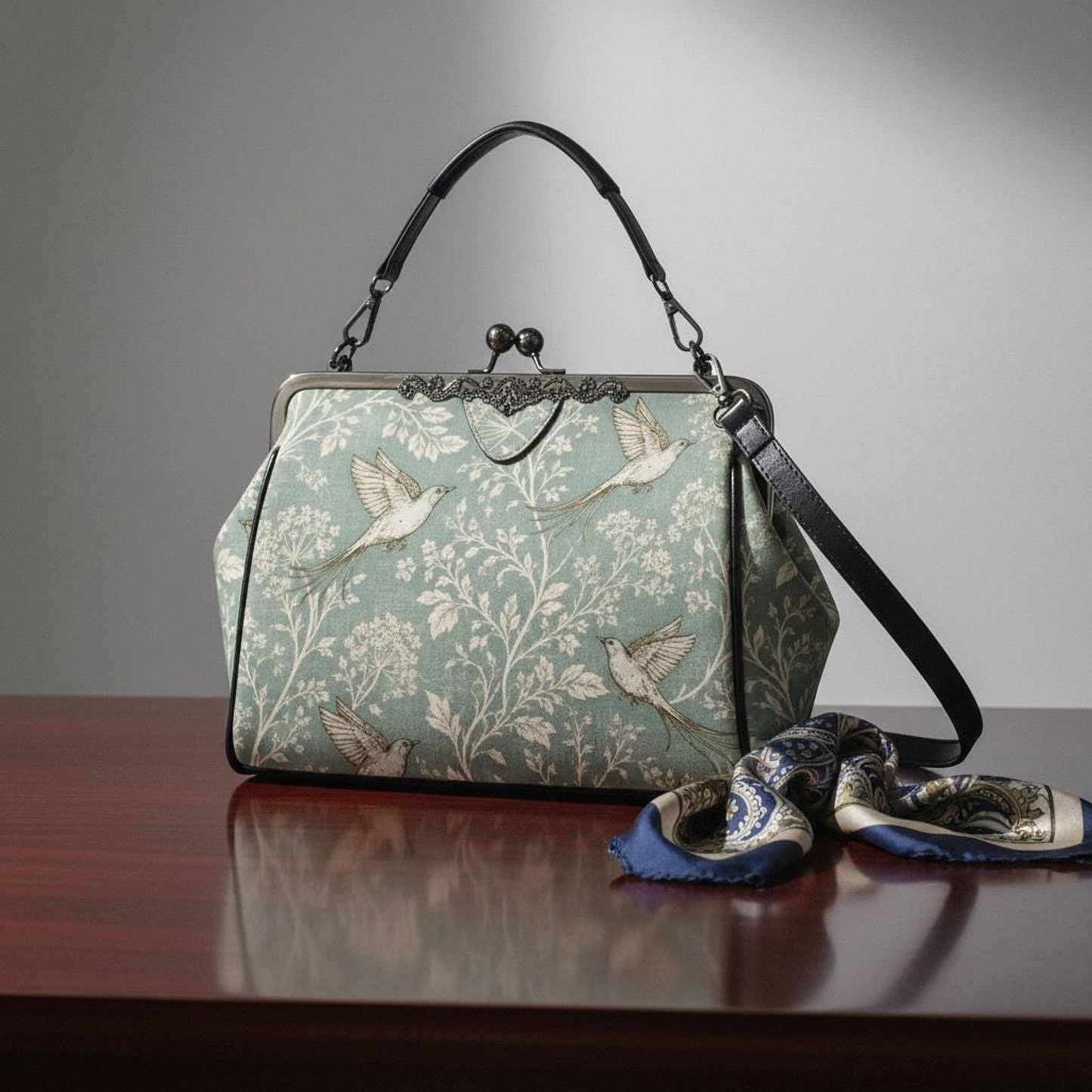 Kiss Lock Purse, Blue Bird Crossbody Bag in Vintage Waxed PU Leather