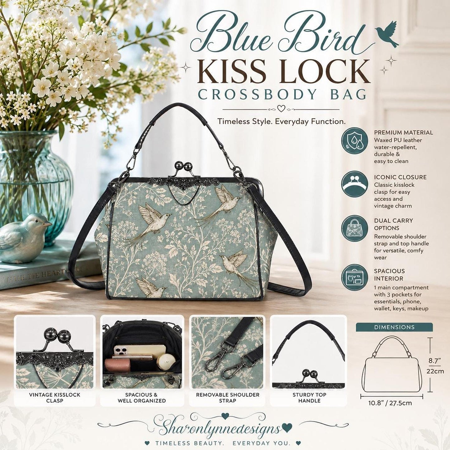 Kiss Lock Purse, Blue Bird Crossbody Bag in Vintage Waxed PU Leather