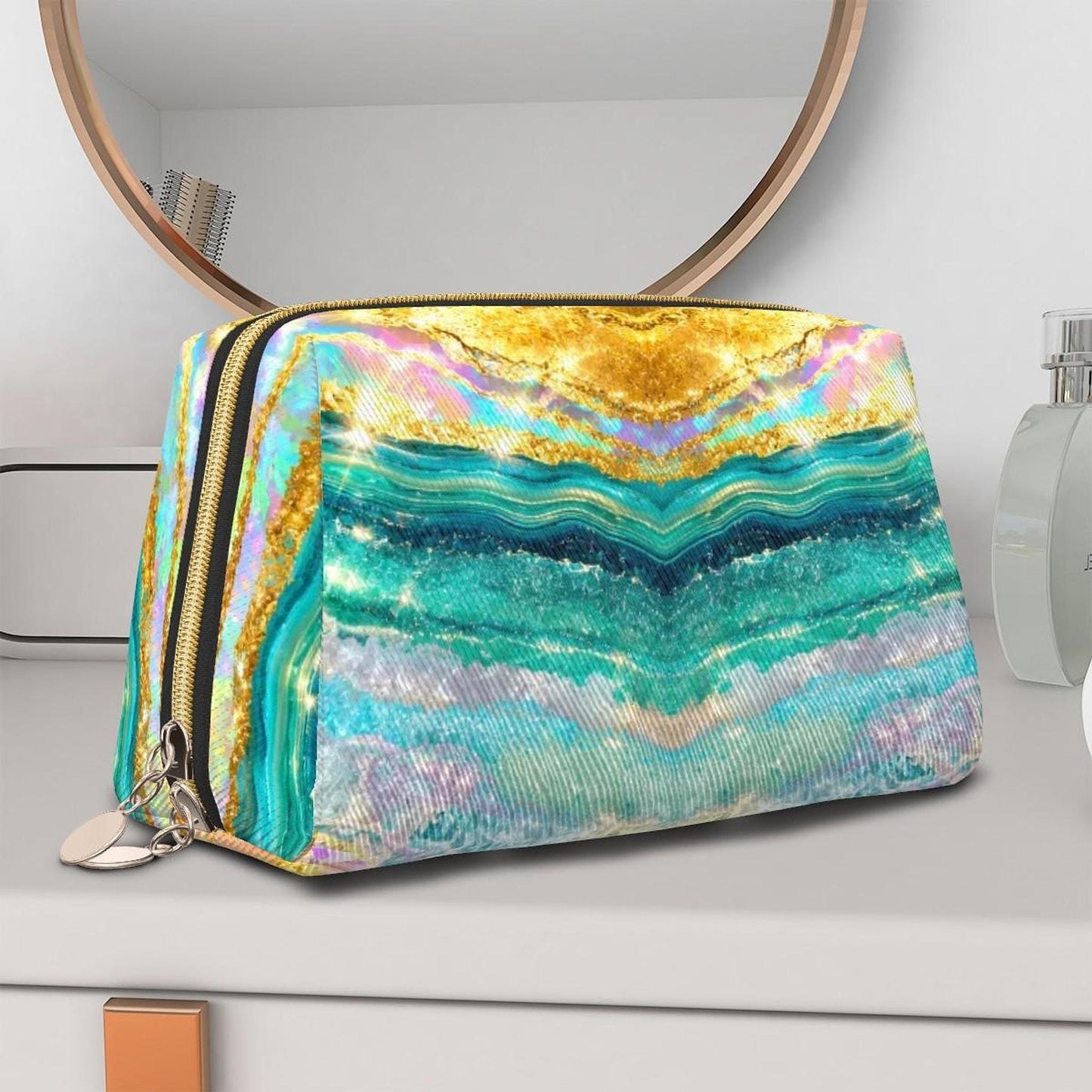 Mahjong Storage Bag, Turquoise Tide Large Leather Bag with Protective Inserts