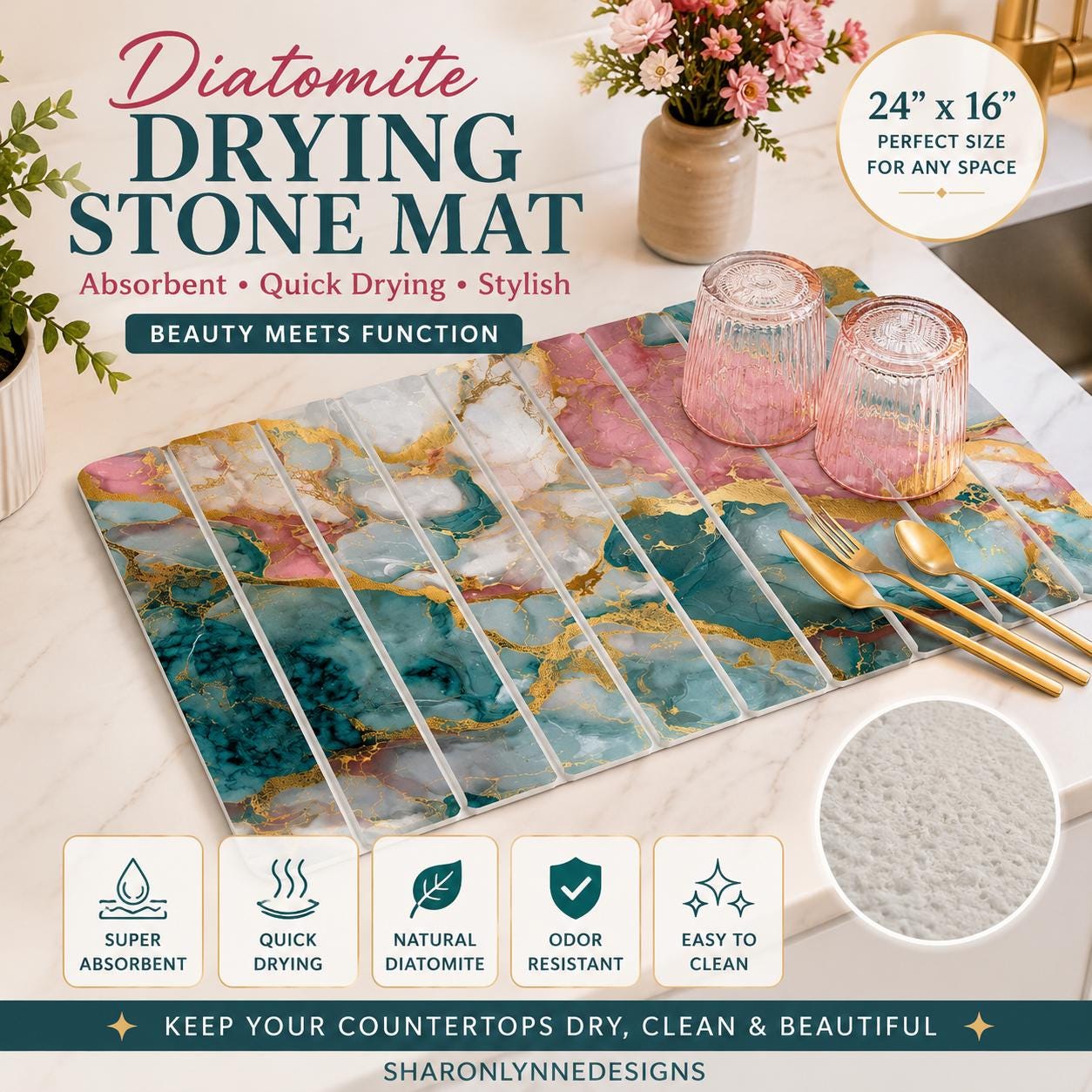 Marble Diatomaceous Earth Drying Mat for Kitchen & Bathroom, Rapid Water Absorption