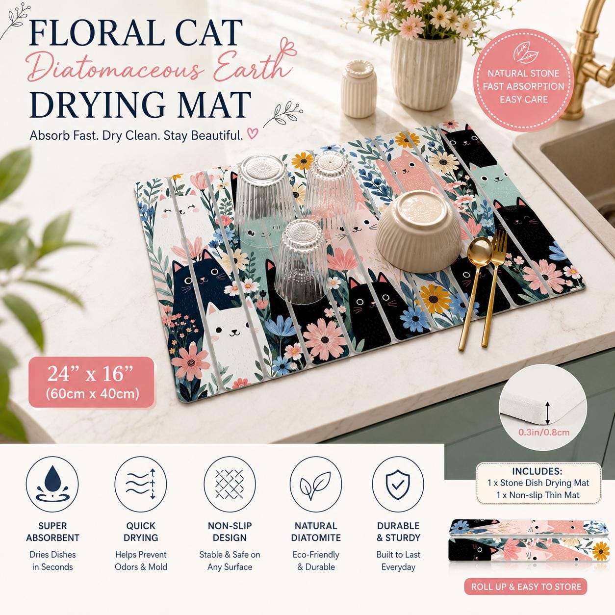 Floral Cat Stone, Earth Drying Mat, Kitchen Decor