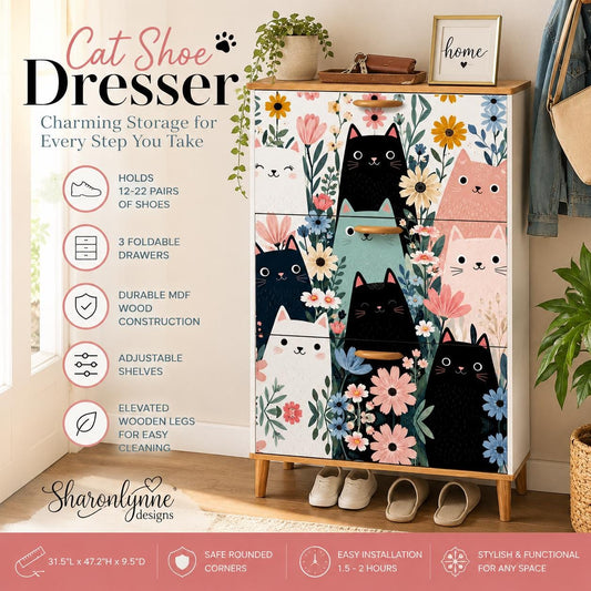 Floral Cats Shoe Cabinet | Made in USA | Durable MDF Wood Storage for Entryway